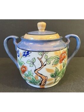 Chikaramachi Porcelain Hand Painted Blue Floral Art Deco Sugar Bowl Mustard Jar